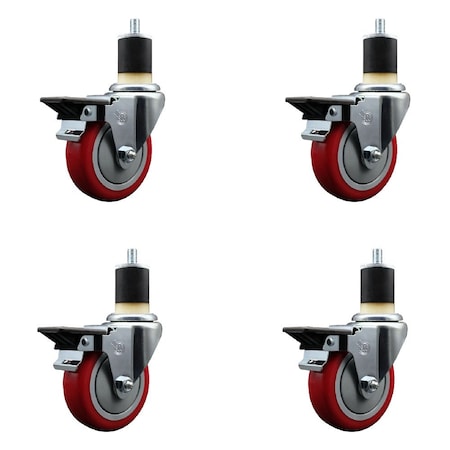 Service Caster 4'' Red Poly Swivel 1-7/8'' Expanding Stem Caster Set with Brake, 4PK SCC-EX20S414-PPUB-RED-PLB-178-4